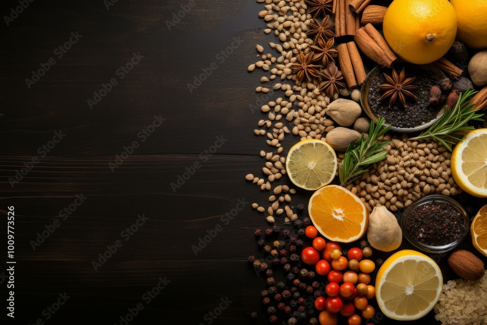 Festive holiday spices and citrus medley on dark wood for Christmas and New Year celebration, empty side for text Festive holiday spices and citrus medley on dark wood for Christmas and New Year celebration, empty side for text