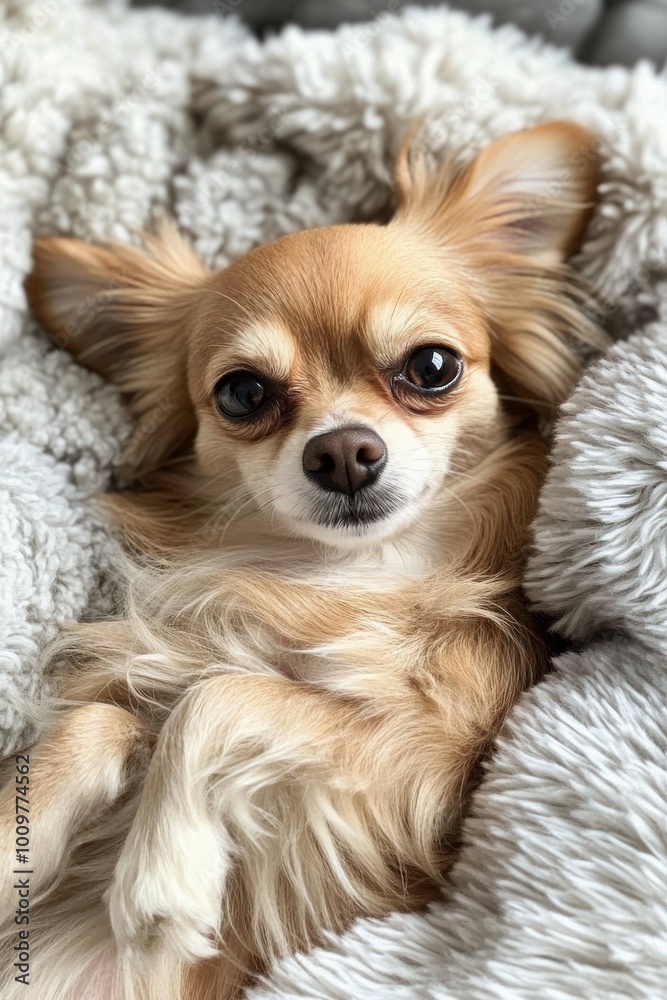 A relaxed Chihuahua resting on a cozy blanket in a sunlit room during the afternoon A relaxed Chihuahua resting on a cozy blanket in a sunlit room during the afternoon