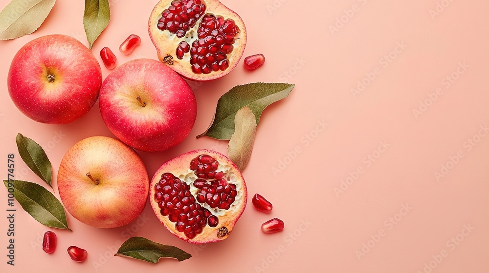 Three pomegranates against a pink background, adorned with leaves atop each fruit Three pomegranates against a pink background, adorned with leaves atop each fruit