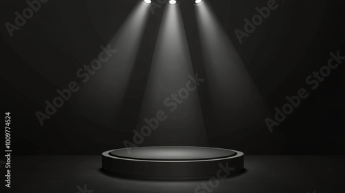 Theater stage with spotlight illuminating a central round platform in a dark setting