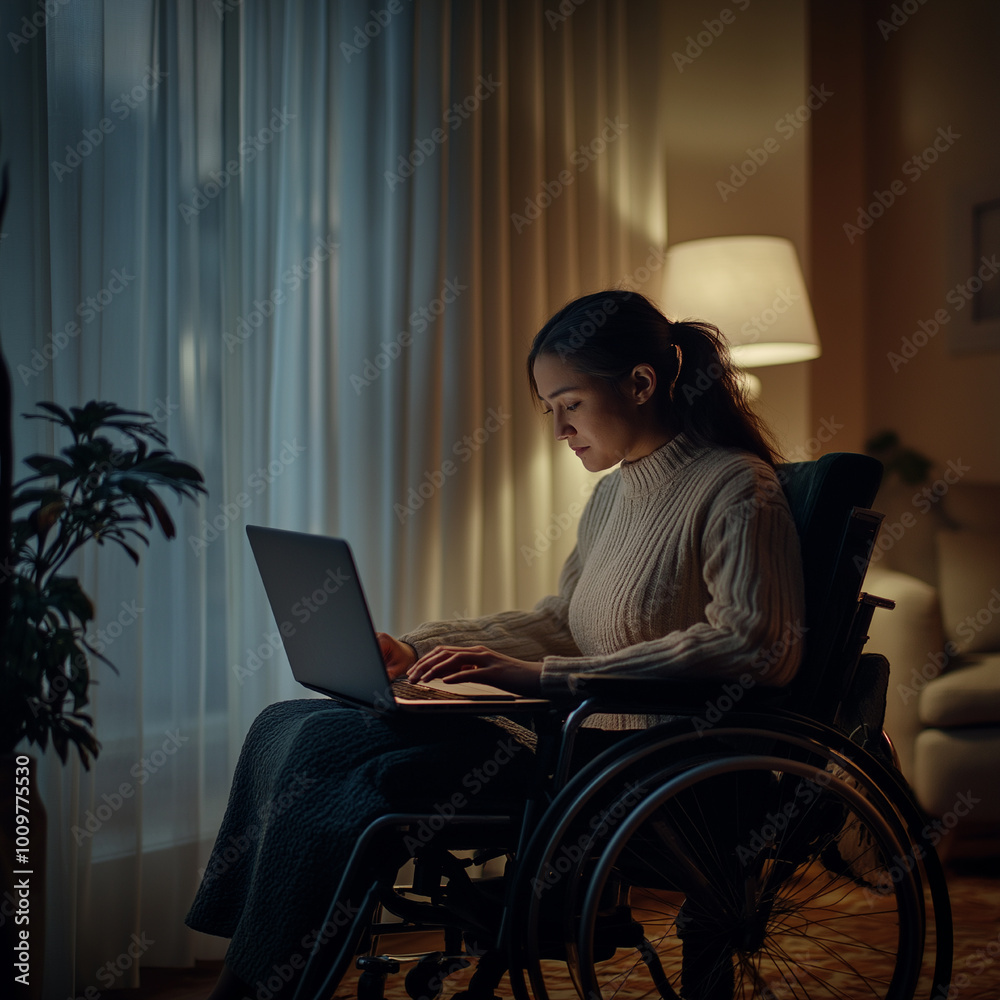 A determined woman in a wheelchair working on a laptop at home in the evening. The image highlights focus, productivity, and inclusion in a cozy, well-lit home environment. A determined woman in a wheelchair working on a laptop at home in the evening. The image highlights focus, productivity, and inclusion in a cozy, well-lit home environment.