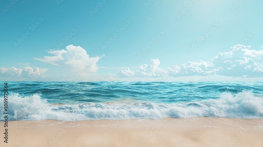 Fototapeta premium A painting depicts a beach, waves crash on sand, blue sky with white clouds