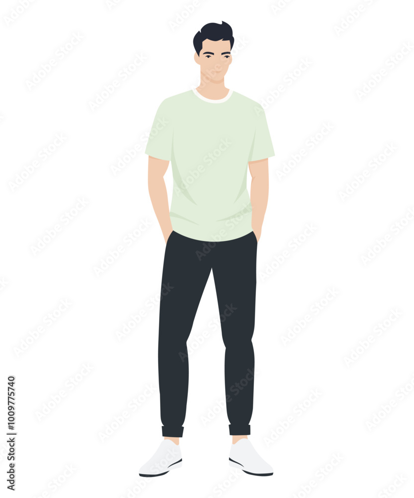 Vector illustration of a man in a light green T-shirt and black pants Vector illustration of a man in a light green T-shirt and black pants