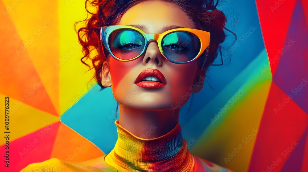 Obraz premium Portrait of a woman with oversized glasses in colorful neon lights, highlighting her trendy and bold style in a modern artistic scene
