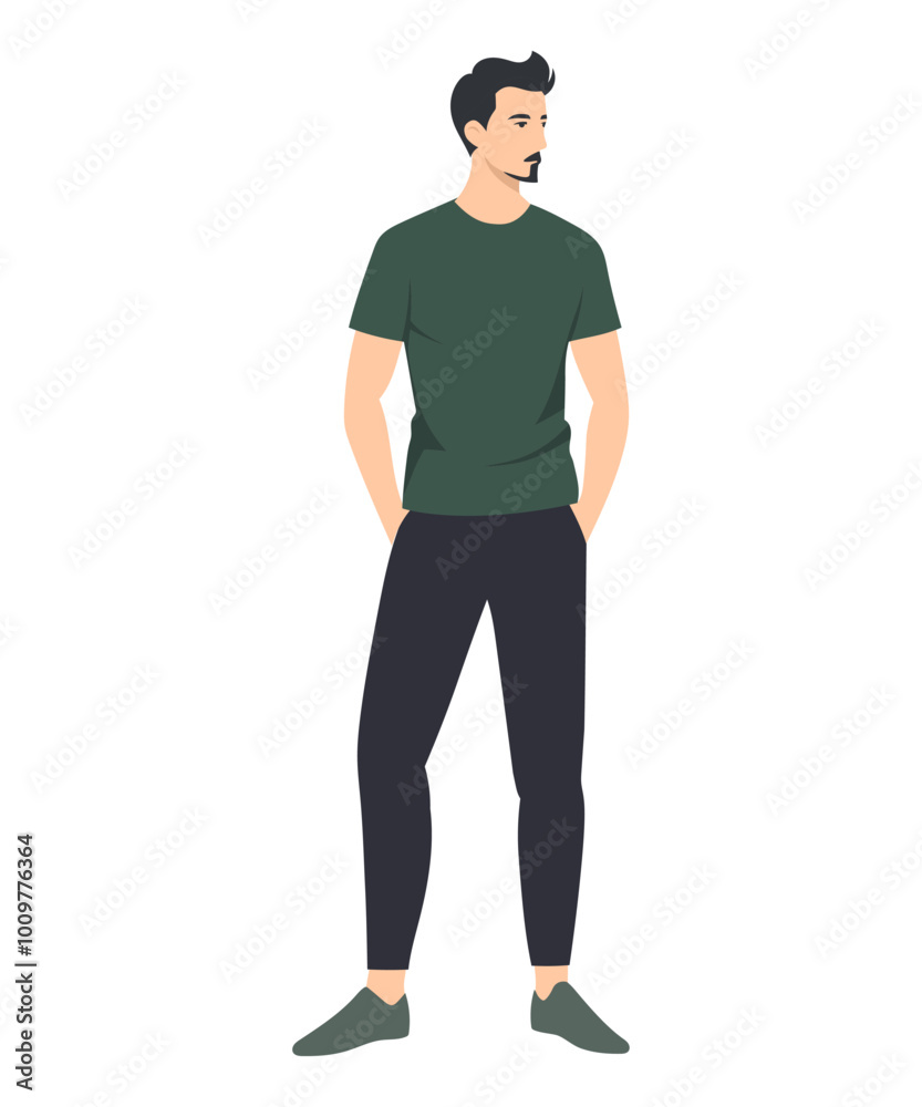Vector illustration of a man wearing a green T-shirt and black trousers, creating a stylish and minimalistic look. Vector illustration of a man wearing a green T-shirt and black trousers, creating a stylish and minimalistic look.