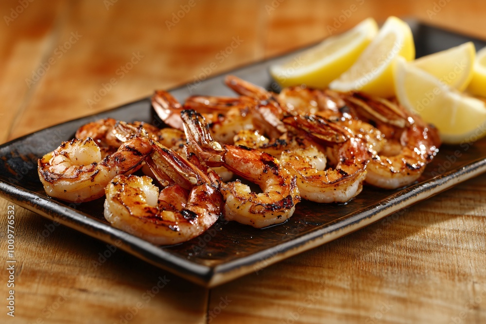 Close-up of grilled shrimp with lemon wedges on a black plate. Close-up of grilled shrimp with lemon wedges on a black plate.