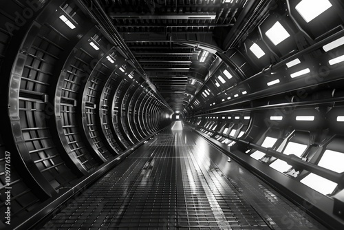 metal structure similar to spaceship interior in black and white photo