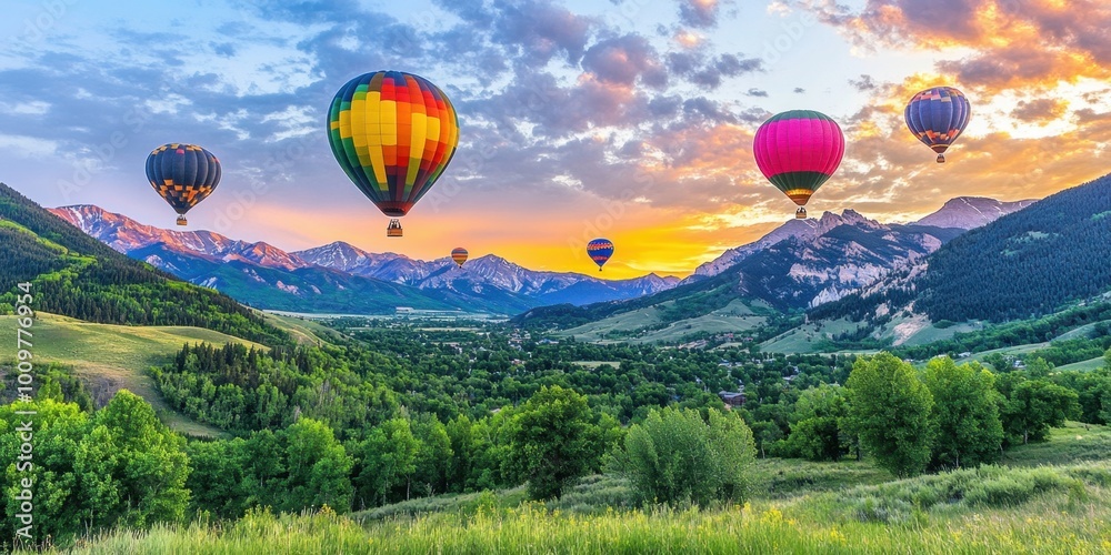 Obraz premium a group of hot air balloons flying over a valley