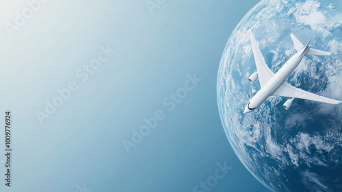 Fototapeta Naklejka Na Ścianę i Meble -  Aerial view of a commercial airplane flying above the planet Earth with a clear sky in the background during daylight hours