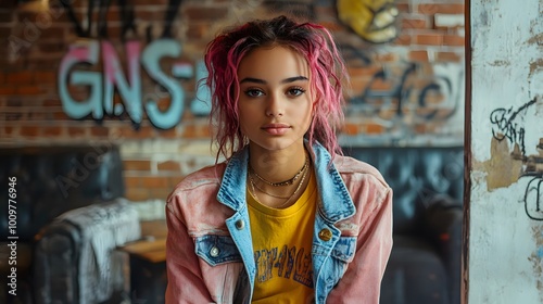 rban stylish portrait of a woman in a casual outfit with dreadlocks, captured in a graffiti-filled environment with soft lighting photo