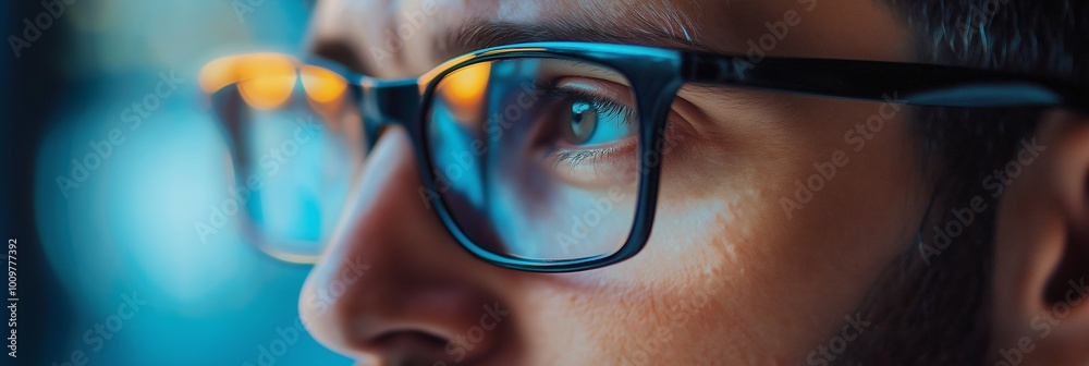 Detailed close-up of a man's eyes through glasses, deep in contemplation and focus, colorful reflections. Detailed close-up of a man's eyes through glasses, deep in contemplation and focus, colorful reflections.