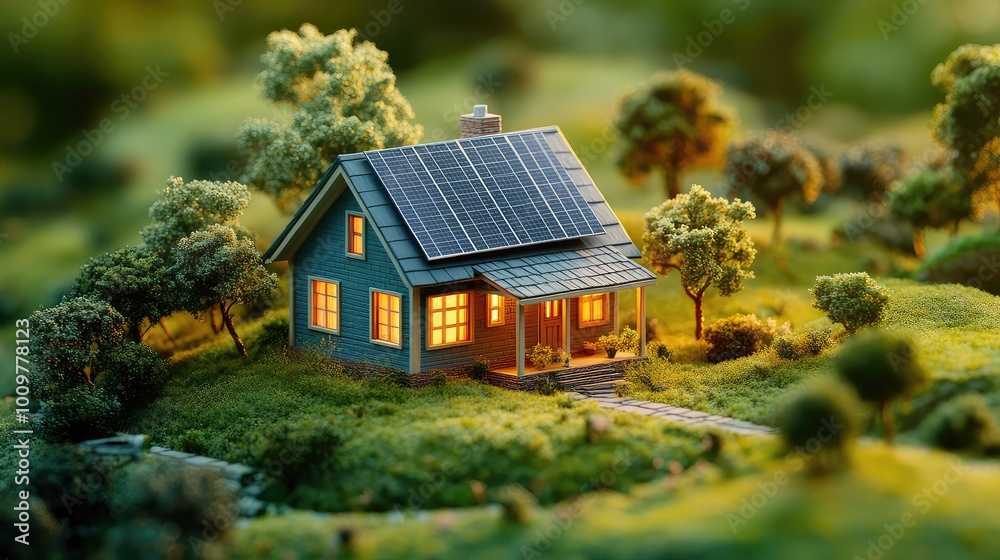 Charming Miniature House with Solar Panels in Lush Green Landscape, Surrounded by Trees and Soft Hills, Creating a Peaceful, Eco-Friendly Ambiance Charming Miniature House with Solar Panels in Lush Green Landscape, Surrounded by Trees and Soft Hills, Creating a Peaceful, Eco-Friendly Ambiance