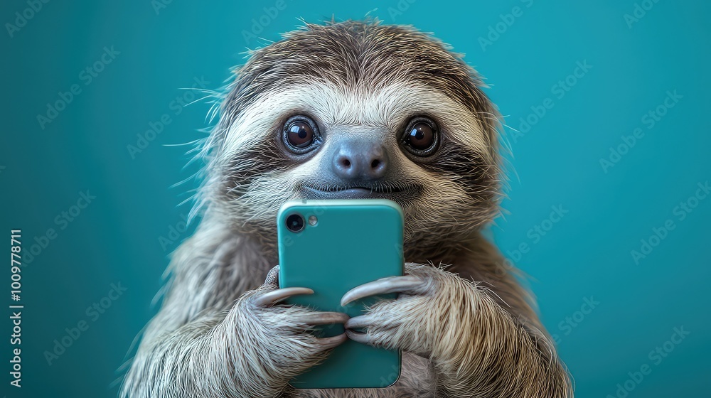 Fototapeta premium Adorable Sloth Using a Smartphone Against a Vibrant Blue Background: Cute and Humorous Animal Image