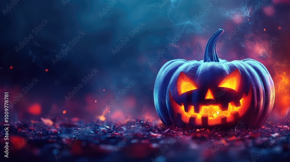 Naklejka premium Spooky Carved Pumpkin Background with Jack-o’-Lantern and Lighting Candle for Halloween Celebration