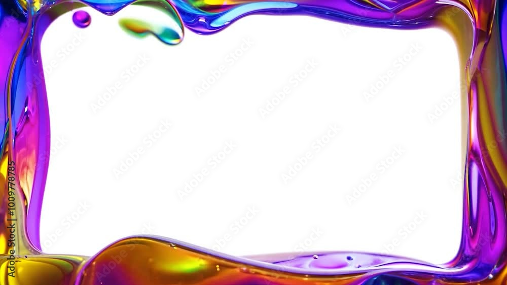 Six iridescent, morphing liquid animations create a rectangular frame, ideal for showcasing images or videos with a vibrant, dynamic touch. Perfect for modern presentations and overlays