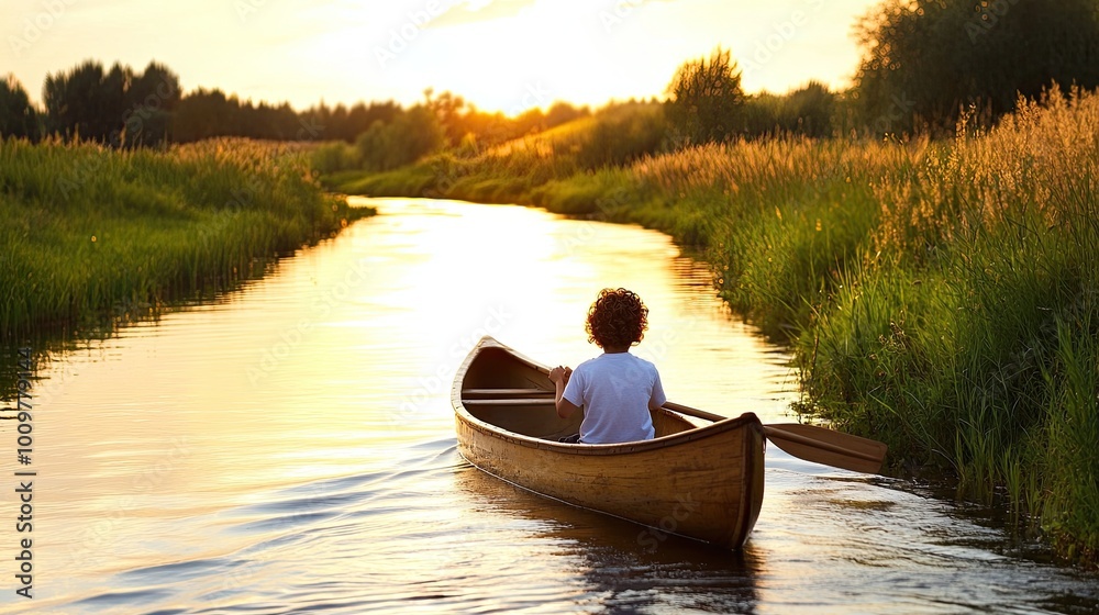 A young boy with curly hair enjoys a peaceful evening in an old wooden canoe, gazing at the vibrant sunset over the calm river A young boy with curly hair enjoys a peaceful evening in an old wooden canoe, gazing at the vibrant sunset over the calm river