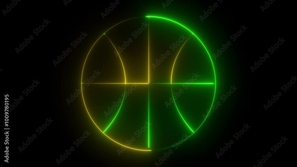 green yellow color animated basketball logo with glowing neon lines on black background. green yellow color animated basketball logo with glowing neon lines on black background.
