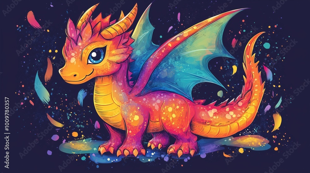 Fototapeta premium Fun dragon doodle in vibrant colors, perfect for tshirts