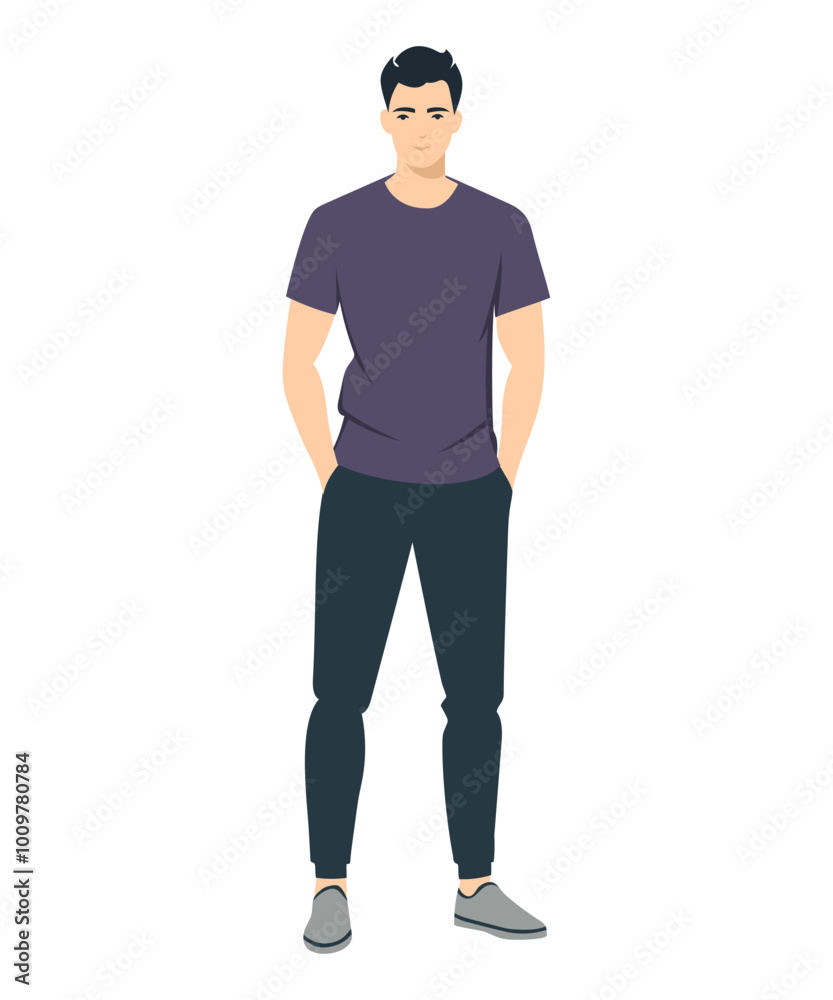 Vector illustration of a man wearing a purple t-shirt and black pants, creating a stylish and minimalistic look. Vector illustration of a man wearing a purple t-shirt and black pants, creating a stylish and minimalistic look.