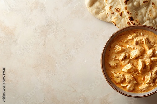Creamy chicken curry with naan bread.