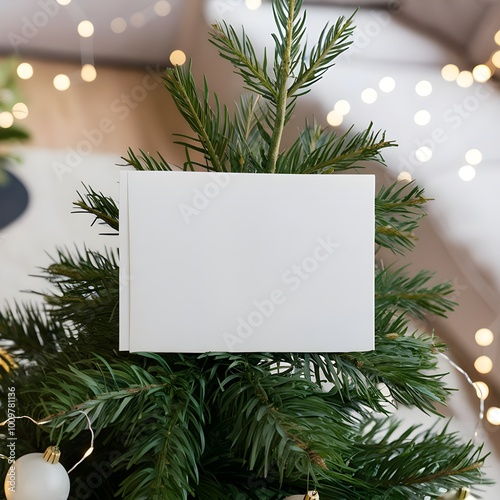 Blank white greeting card mockup between Christmas tree branches. Warm and cozy aesthetic christmas scene background with a blank paper with copy space.