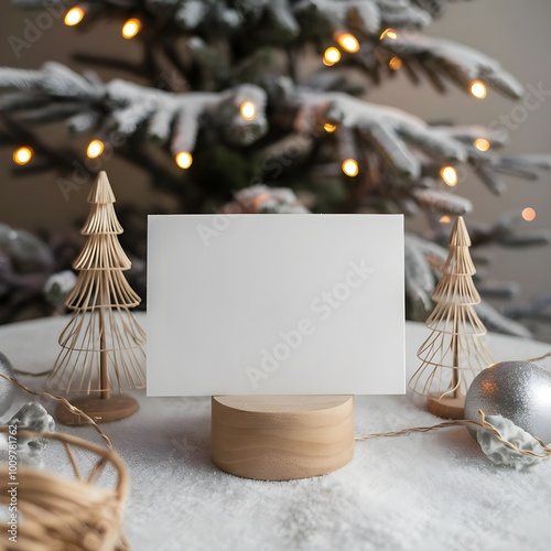 Blank white greeting card mockup in a Christmas scene. Warm and cozy aesthetic christmas scene background with a blank paper with copy space.