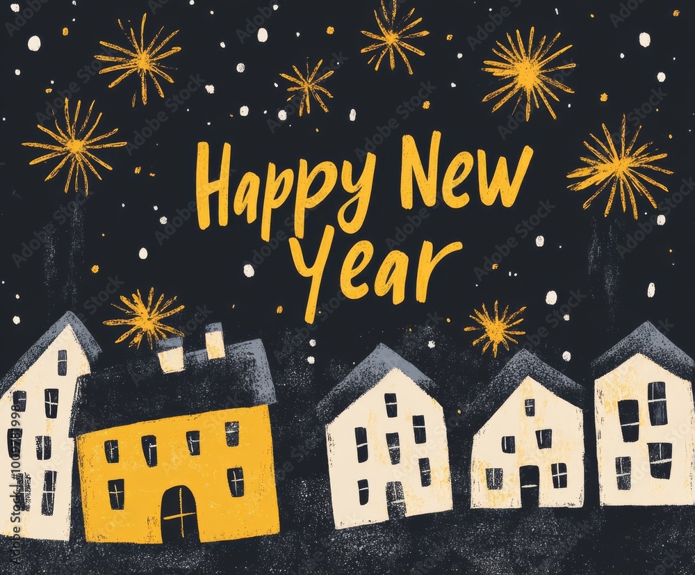 Festive design of golden fireworks bursting in the night sky over a cityscape with Happy New Year written in elegant calligraphy Ideal for New Years Eve invitations party posters and digital greetings Festive design of golden fireworks bursting in the night sky over a cityscape with Happy New Year written in elegant calligraphy Ideal for New Years Eve invitations party posters and digital greetings