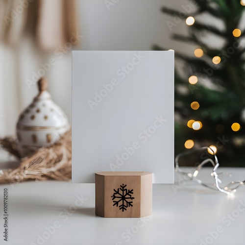 Blank white greeting card mockup in a Christmas scene. Warm and cozy aesthetic christmas scene background with a blank paper with copy space.