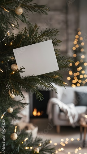Blank white greeting card mockup between Christmas tree branches. Warm and cozy aesthetic christmas scene background with a blank paper with copy space.
