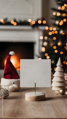 Blank card with christmas decorations on wooden table in front of fireplace