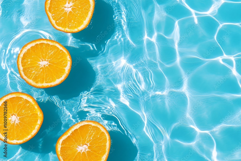 Slices of orange floating on shimmering blue water. Slices of orange floating on shimmering blue water.