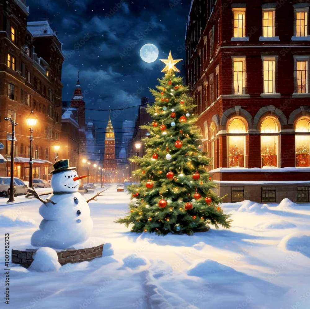 Obraz premium Peaceful Rustic City with Peace Calm Moon Scene and Snowman on a Snowy Night generative AI
