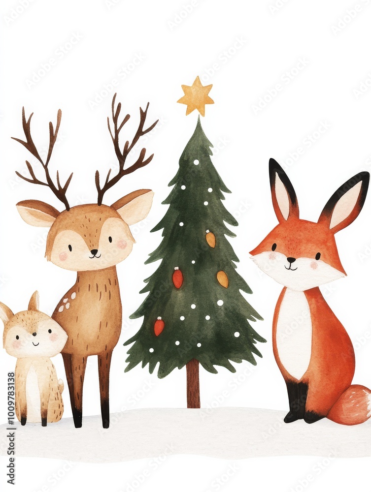 Handdrawn illustration of woodland animals including a deer rabbit and fox gathering around a Christmas tree in a snowy forest Perfect for holiday cards and winterthemed prints with a whimsical and jo Handdrawn illustration of woodland animals including a deer rabbit and fox gathering around a Christmas tree in a snowy forest Perfect for holiday cards and winterthemed prints with a whimsical and jo