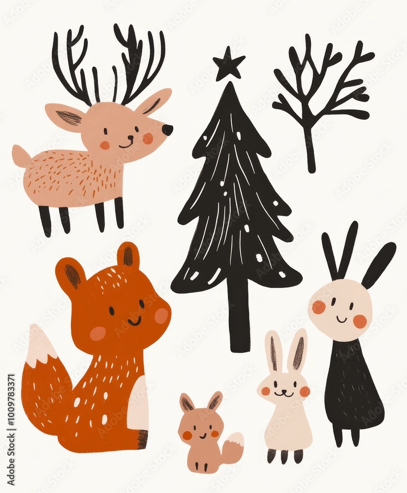 Handdrawn illustration of woodland animals including a deer rabbit and fox gathering around a Christmas tree in a snowy forest Perfect for holiday cards and winterthemed prints with a whimsical and jo Handdrawn illustration of woodland animals including a deer rabbit and fox gathering around a Christmas tree in a snowy forest Perfect for holiday cards and winterthemed prints with a whimsical and jo