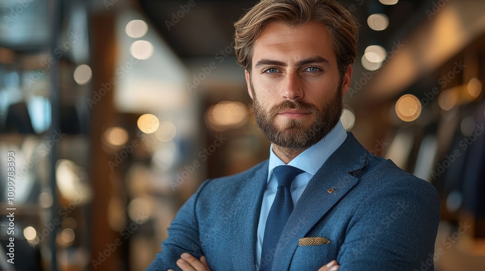 Elegant man in blue suit poses confidently in boutique, showcasing contemporary fashion and style during the day
