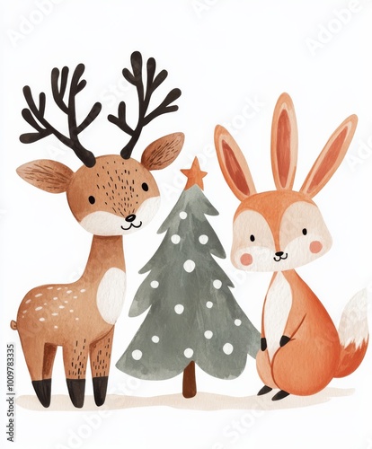 Handdrawn illustration of woodland animals including a deer rabbit and fox gathering around a Christmas tree in a snowy forest Perfect for holiday cards and winterthemed prints with a whimsical and jo