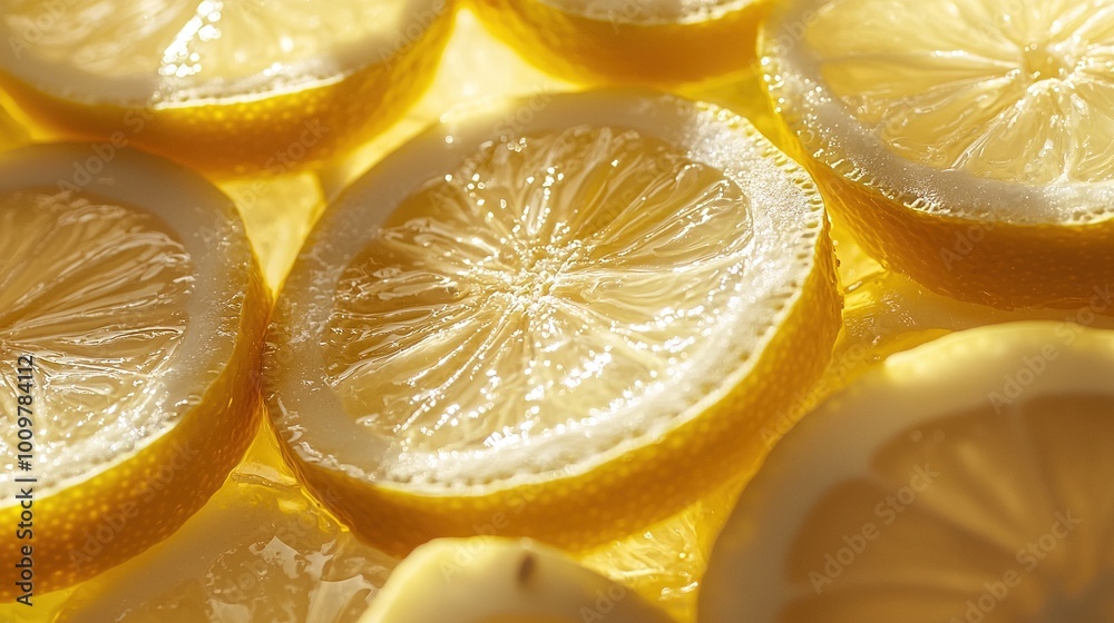 Lemons are arranged in a pile, with each slice neatly placed on a yellow countertop next to a lemon perched atop the remaining half Lemons are arranged in a pile, with each slice neatly placed on a yellow countertop next to a lemon perched atop the remaining half