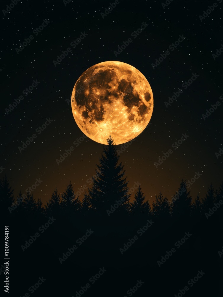 Fototapeta premium Illustration of a snowcovered forest with a glowing Christmas tree in the center surrounded by twinkling stars and a full moon Perfect for holiday cards and festive winter greetings with a magical and