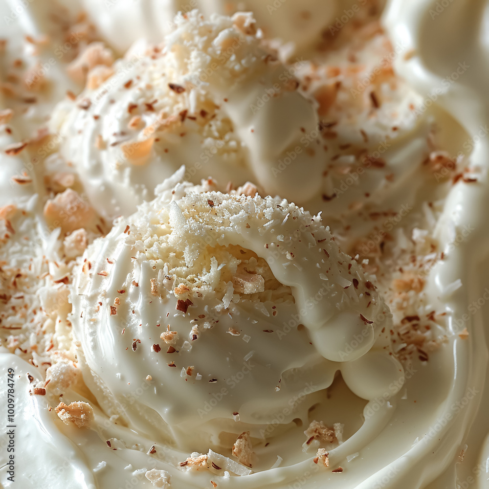 Vanilla ice cream with caramel swirls and nut toppings Vanilla ice cream with caramel swirls and nut toppings