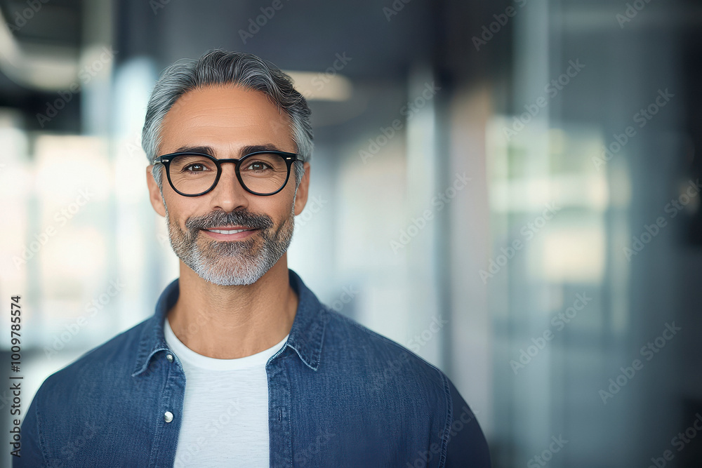 Happy middle aged professional business man, smiling mature emloyee, worker, office background.