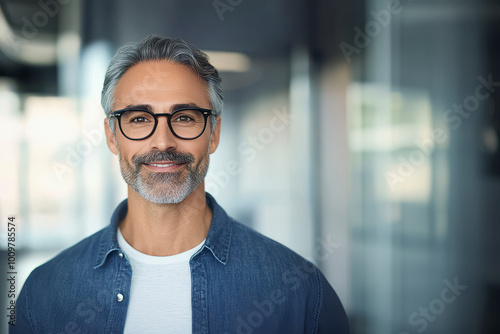 Happy middle aged professional business man, smiling mature emloyee, worker, office background.