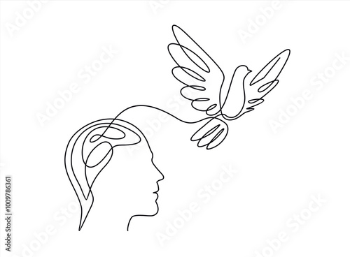 Continuous one line drawing of flying pigeon and head with brain. concept of peace and freedom in simple linear style. 