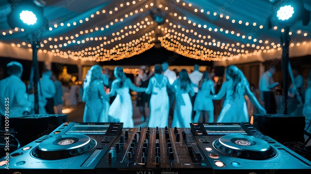 custom made wallpaper toronto digitalDJ Mixer Console with Blurred Dancing Guests at Party Event