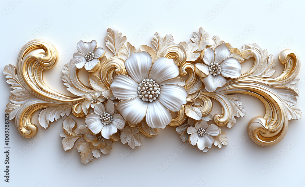 A white golden baroque ornament isolated on a white background A white golden baroque ornament isolated on a white background