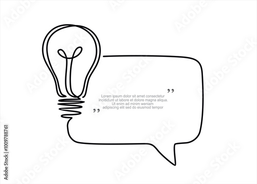 Quick tips.Continuous one line drawing of light bulb and speech bubble. Trendy line art vector on a white background. Vector illustration.