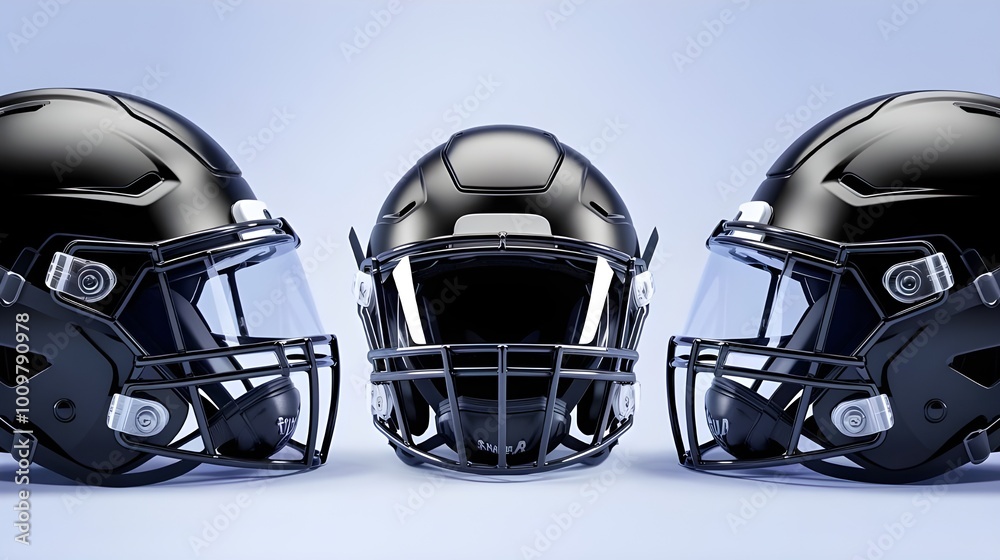 Three Black Football Helmets with Visors on Blue Background