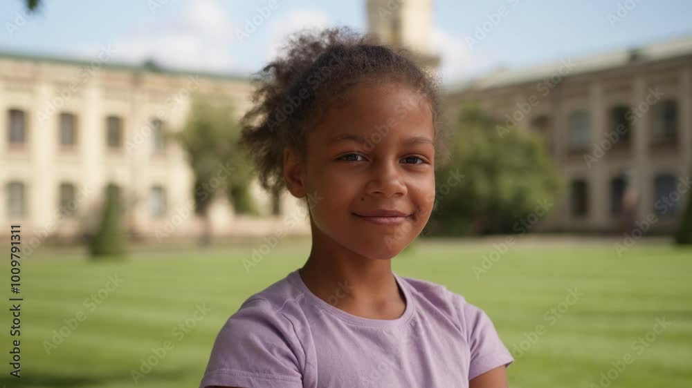 Portrait little girl African American child ethnic kid happy schoolgirl elementary education smile pretty daughter female student pupil learner class studying outdoor school yard campus summer holiday