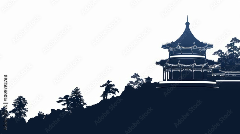 Obraz premium Silhouette of traditional Chinese pagoda and trees on hill in Beijing with white background