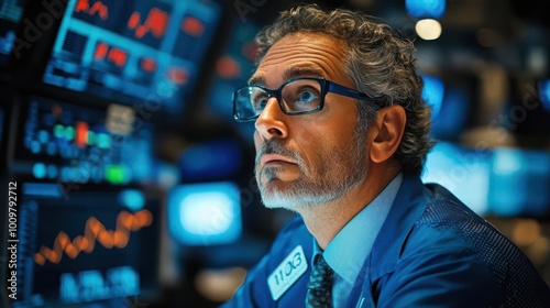 Focused trader analyzing market data on screens, conveying concentration and expertise in financial environment.