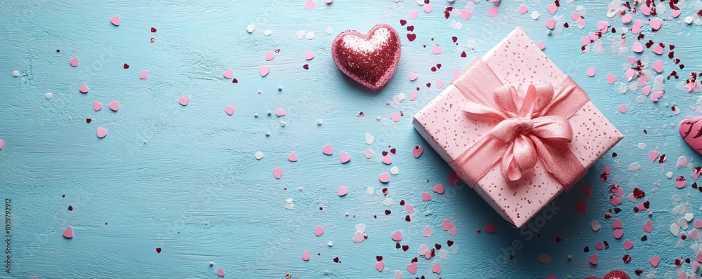 Gift box with red ribbon bow on blue background. Present for Valentine's Day, Happy Women's Day, Mother's Day, birthday, wedding. Romantic concept for greeting card, banner. Copy space. Flat lay